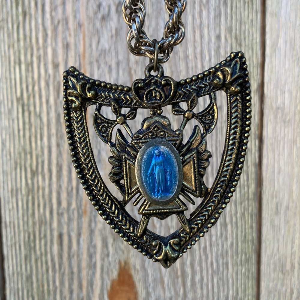 Gold crest necklace Mary religious